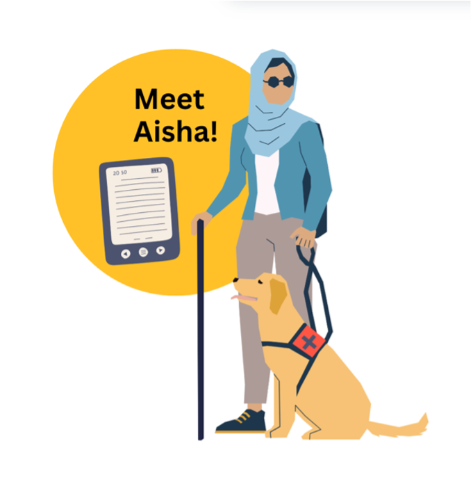 Cartoon drawing of a person with a guide dog