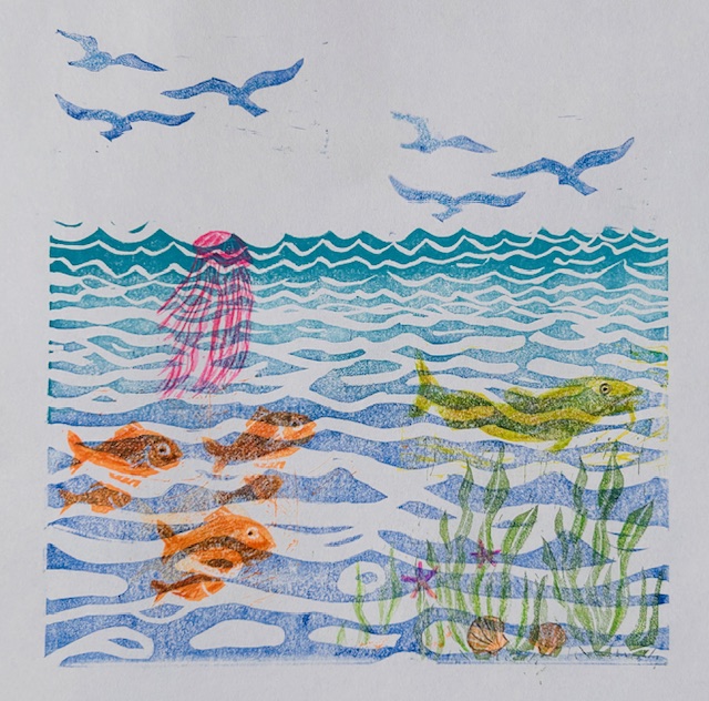 Ocean-themed painting featuring fish, waves, and seabirds