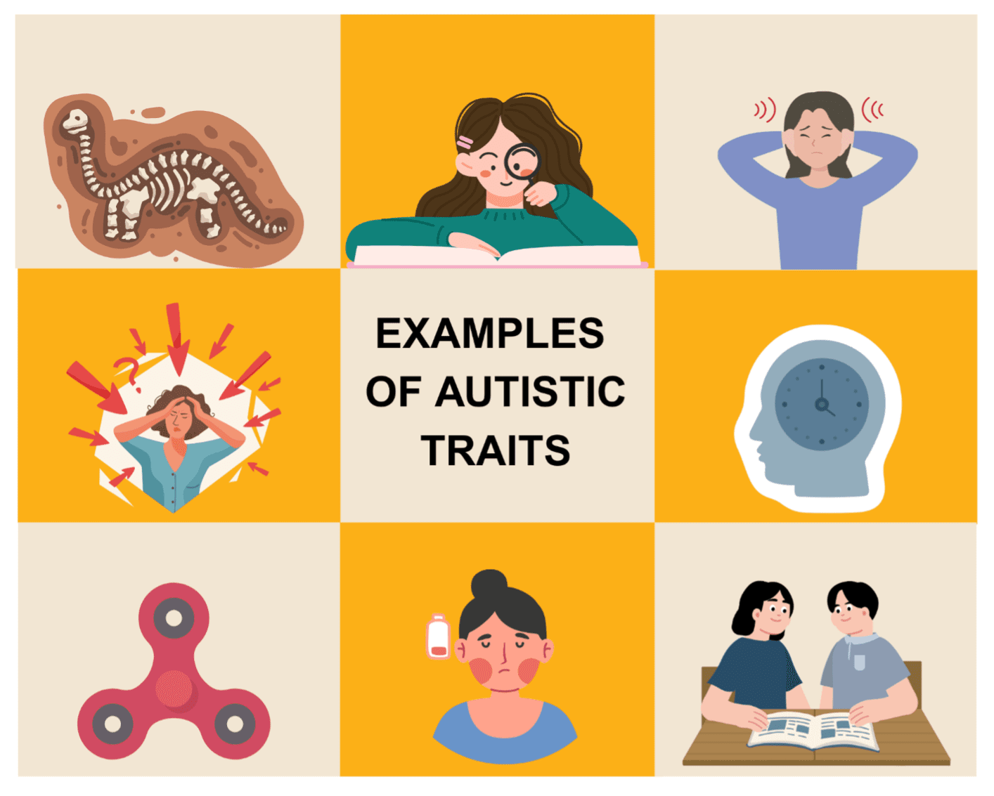 A 3×3 grid infographic with alternating beige and golden yellow squares. The centre reads “Examples of Autistic Traits.” Surrounding images show: dinosaur bones; a magnifying glass over a book; a person covering their ears; a person surrounded by arrows and symbols; a head silhouette with a clock; a fidget toy; a person next to a low battery icon; and two people communicating using text and images.
